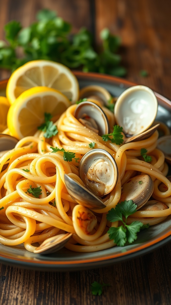 A plate of clam noodles with garlic butter sauce, garnished with parsley and lemon, on a rustic table.